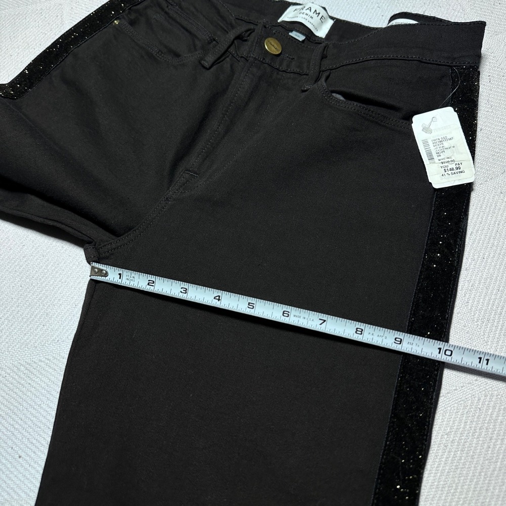 NEW FRAME Le High Straight Jeans Womens 28 Glitter Velour Stripe Raw Hem Black - Picture 13 of 15